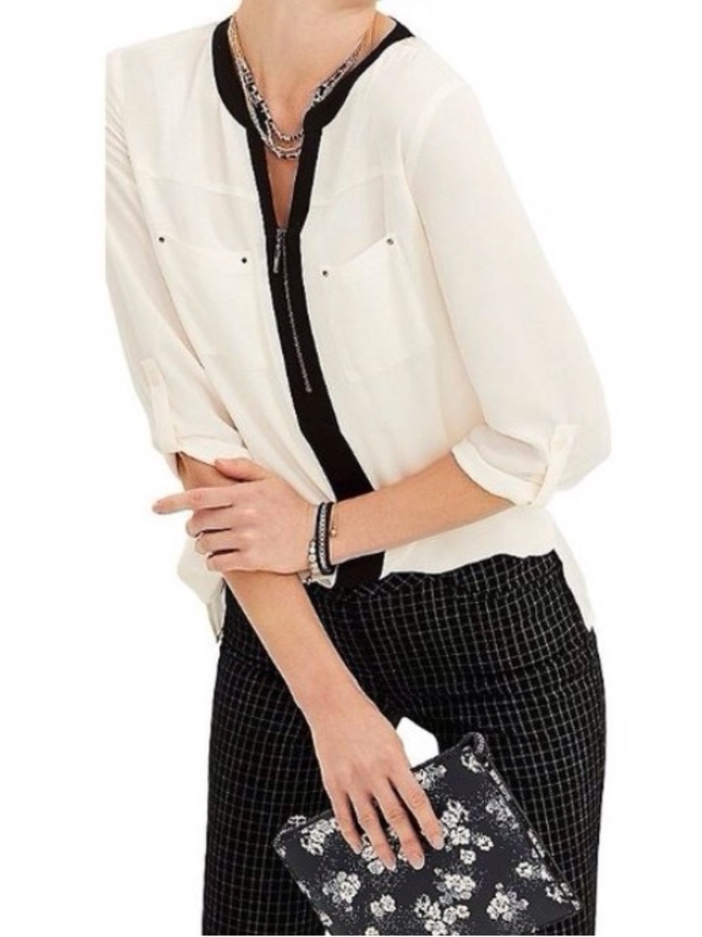 Maurices Contrast Zip Front Tunic Blouse Women M Business Career Workwear Preppy